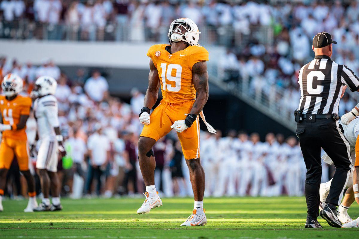 Joshua Josephs (19) celebrates a sack during a game against Mississippi State at Davis Wade Stadium in Starkville, Miss., Saturday, Sept. 27, 2025.