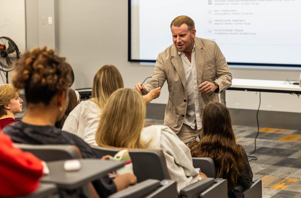 Professor Matthew Pittman interacts with students while teaching a social media and advertising class at The University of Tennessee. Tuesday, Sept. 2, 2025.