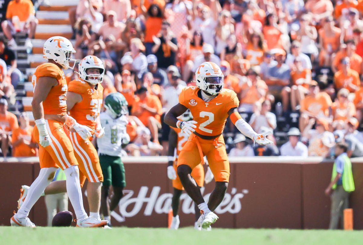 Andre Turrentine (2) celebrates an interception during the game against UAB in Neyland Stadium. Saturday, Sept. 20, 2025.