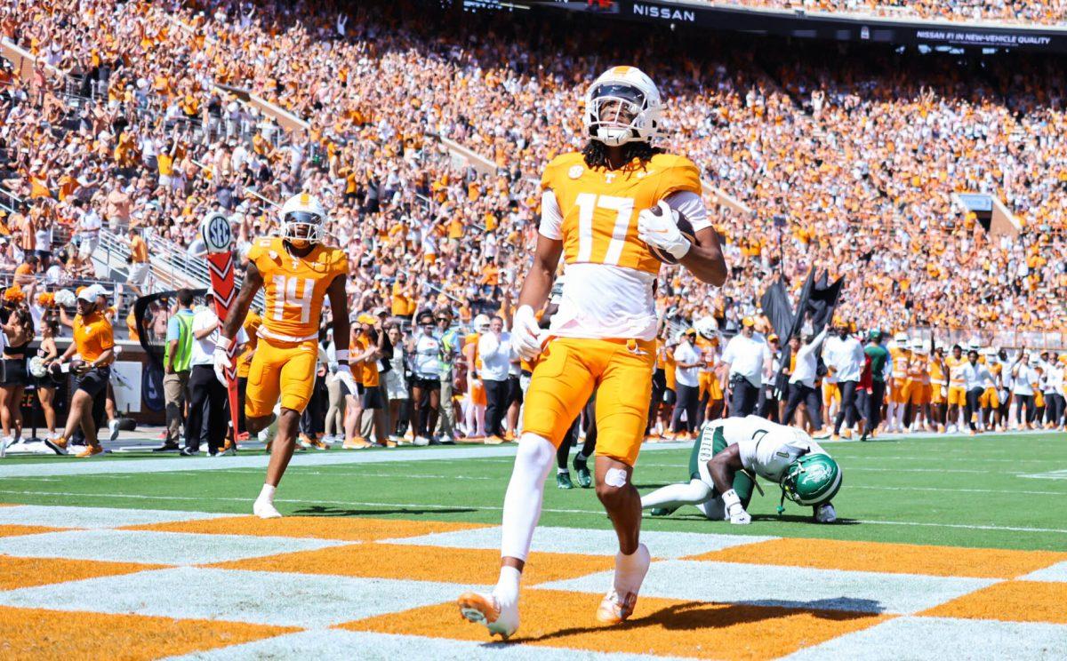 Chris Brazzell II (17) in end zone after scoring a touchdown during the game against UAB in Neyland Stadium. Saturday, Sept. 20, 2025.