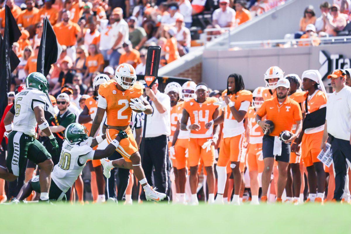 Peyton Lewis (2) breaks away from UAB in Neyland Stadium. Saturday, Sept. 20, 2025.