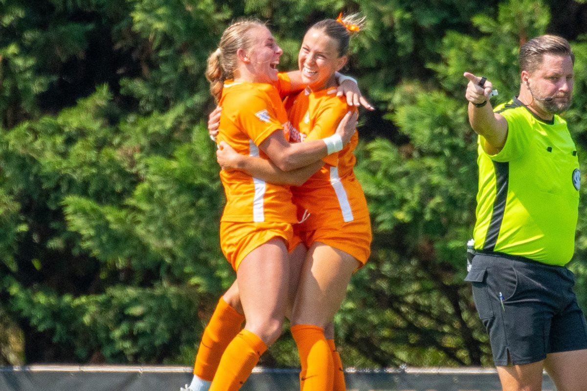 Jenna Stayart (5) and Leah Klurman (21) celebrate a goal during a game against LSU at Regal Soccer Stadium. Sunday, Sept. 21, 2025.