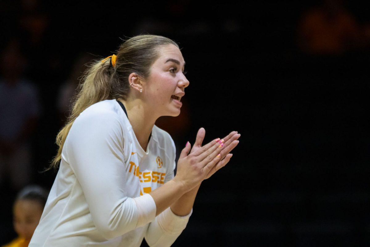 Caroline Kerr (11) cheers during a game against Samford at Food City Center. Friday, Sept. 5, 2025.