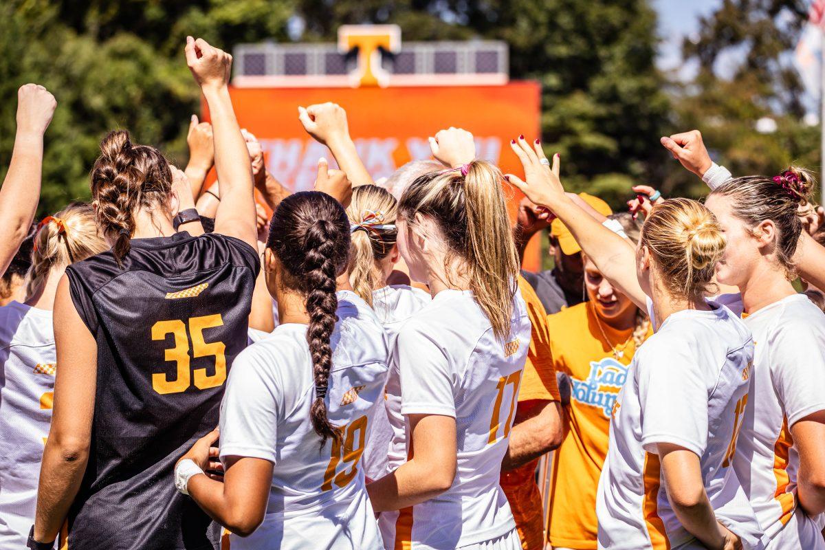 The Lady Vols soccer team celebrate together after a win over Georgia Southern in Regal Soccer Stadium. Sunday, Sept. 7, 2025.