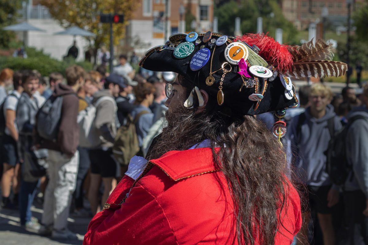Nick Gass, also known as "Pirate Guy," often stands on Ped Walkway to provide comedic relief when hecklers hit campus. Monday Oct. 14, 2024.