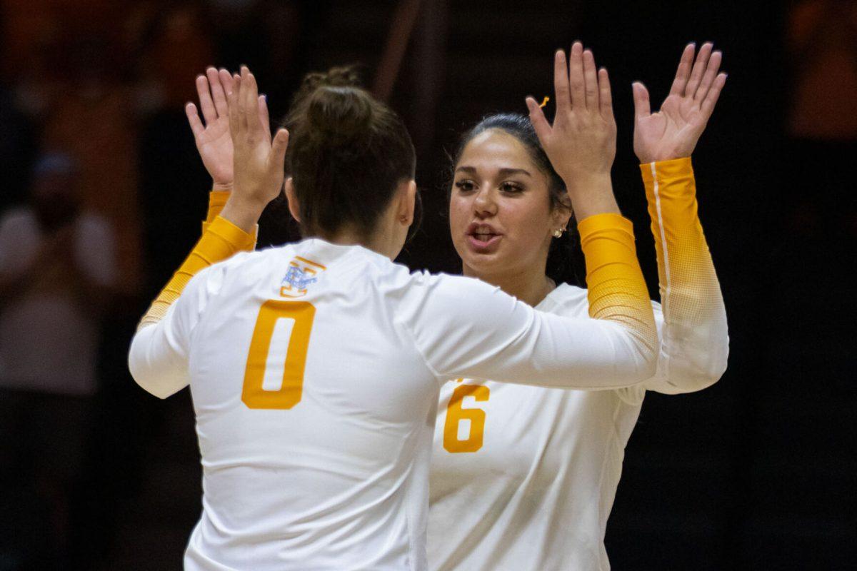 Izzy Mogridge (0) and Mackenzie Plante (6) celebrate during a game against Samford at Food City Center. Friday, Sept. 5, 2025.