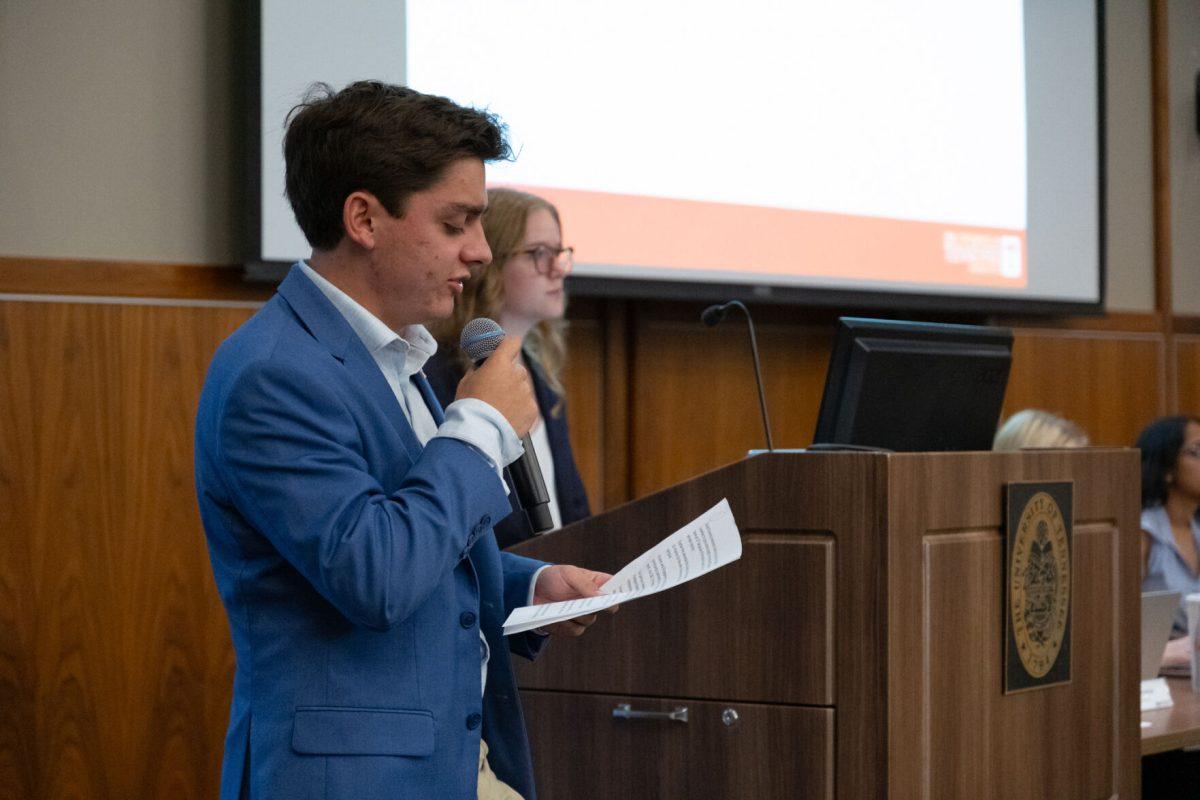 Chase Darwin addresses the crowd during the Student Government Association meeting, Sept. 30, 2025.