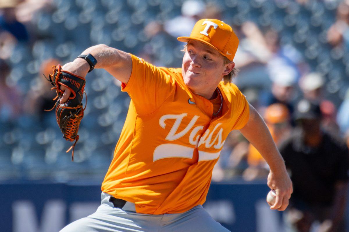 Liam Doyle (12) pitches during an SEC Tournament game against Texas at Hoover Metropolitan Stadium. Thursday, May 22, 2025.