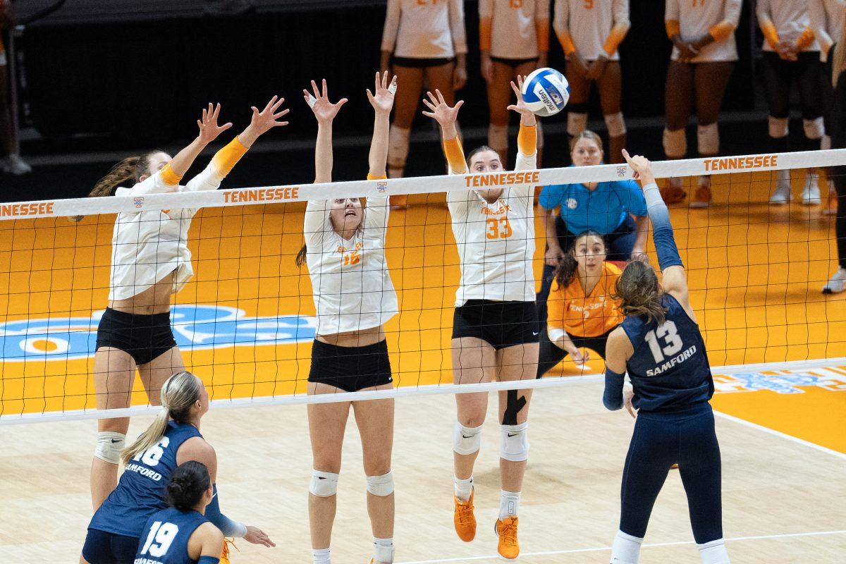 The Lady Vols front line goes up for a block against Samford at Thompson-Boling Arena at Food CIty Center. Friday, Sept. 5, 2025.
