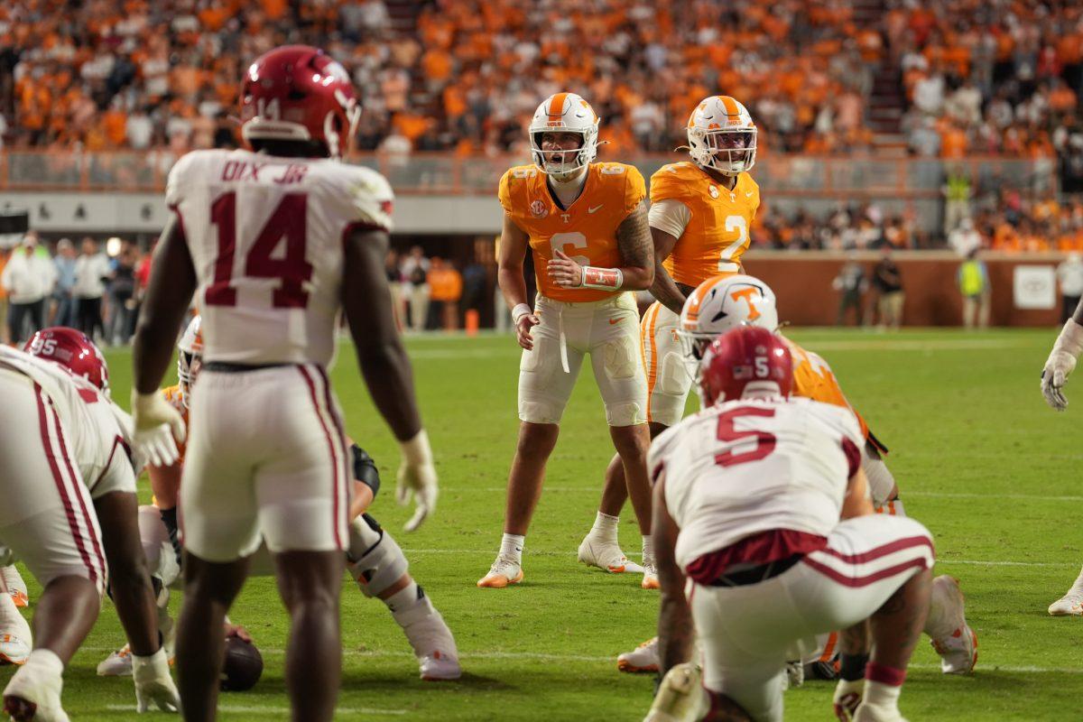 Joey Aguilar (6) lines up during a game against Arkansas at Neyland Stadium, Saturday, Oct.11, 2025 