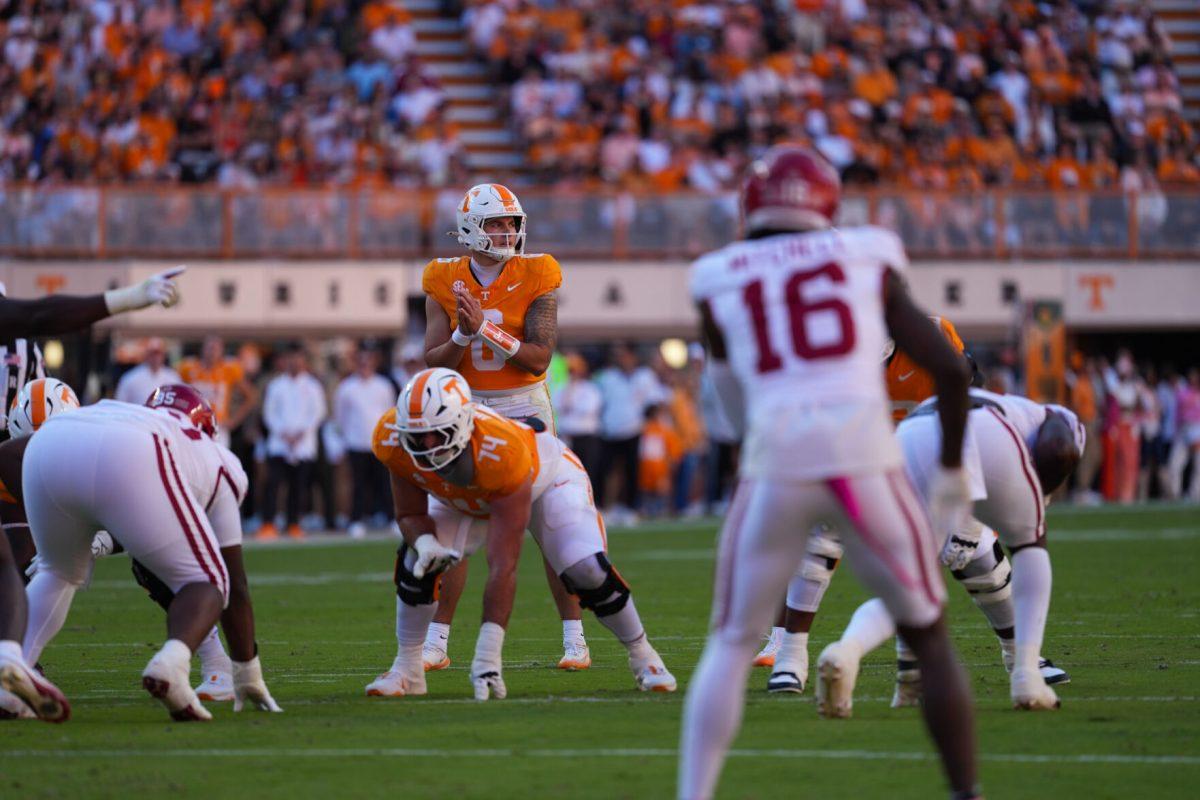 Joey Aguilar (6) lines up to throw the ball during a game against Arkansas at Neyland Stadium, Saturday, Oct.11, 2025
 