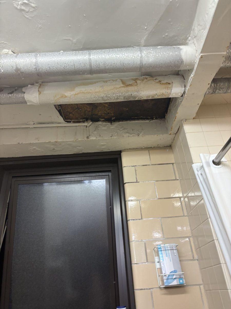 The hole in the ceiling of the sixth floor bathroom in Hess Hall.