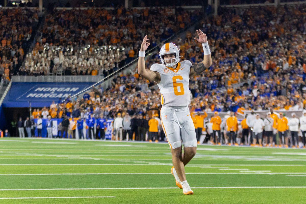 Joey Aguilar (6) calls a touchdown during a game against Kentucky at Kroger Field. Saturday, Oct. 25, 2025.
