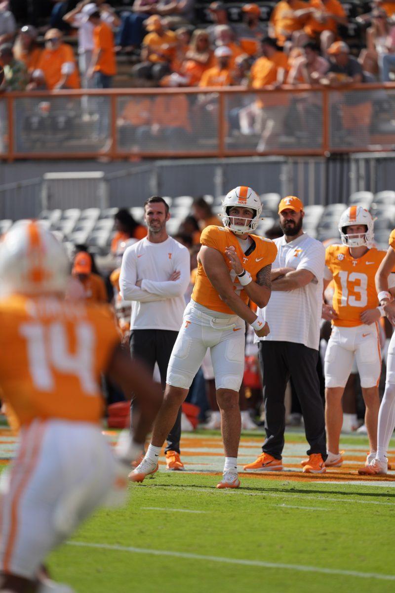 Joey Aguilar (6) warms up for a game against Arkansas at Neyland Stadium, Saturday, Oct.11, 2025