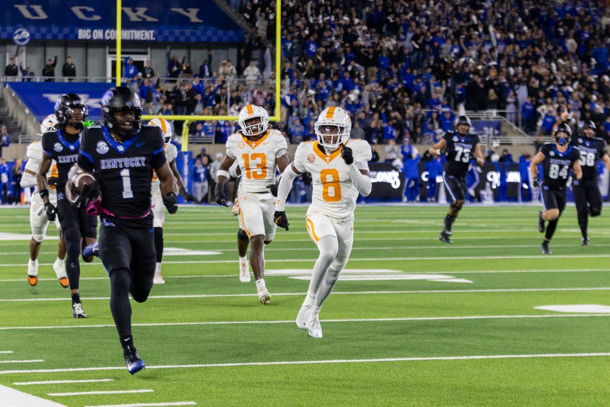 Colton Hood (8) chases an opponent during a game against Kentucky at Kroger Field. Saturday, Oct. 25, 2025.