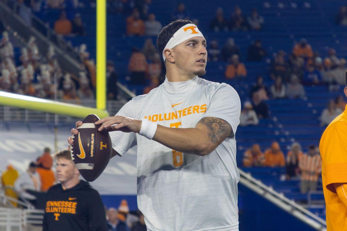 Joey Aguilar (6) warms up before a game against Kentucky at Kroger Field. Saturday, Oct. 25, 2025.