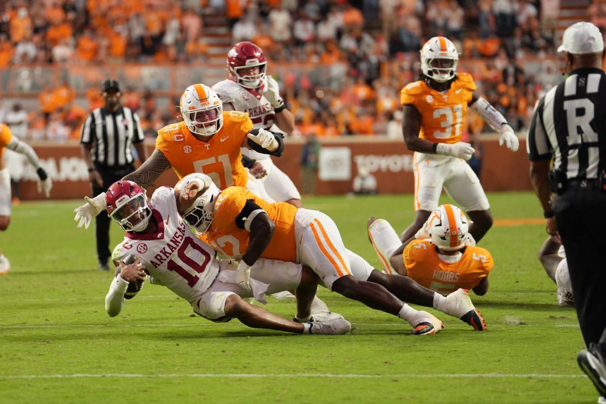 Tyre West (42) sacks the quarterback during a game against Arkansas at Neyland Stadium, Saturday, Oct.11, 2025