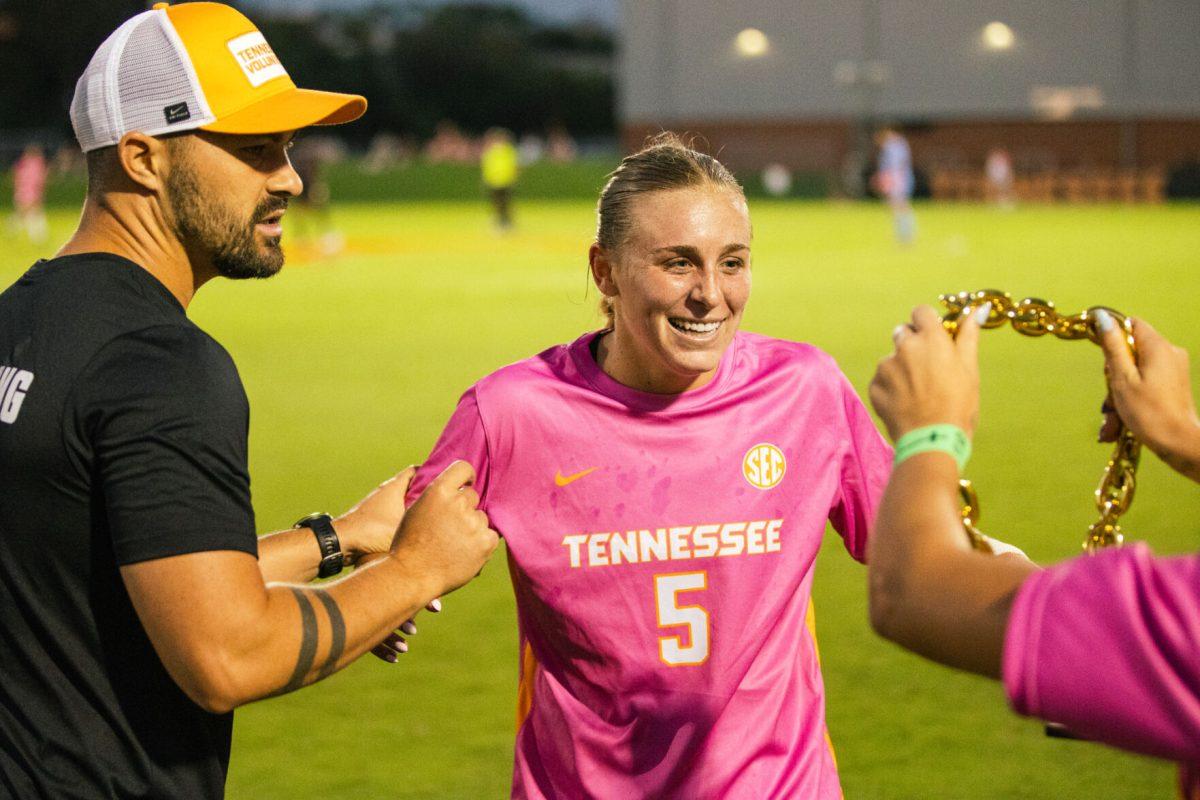 Jenna Stayart (5) celebrates a goal against Georgia at Regal Soccer Stadium. Thursday, Oct. 2, 2025.