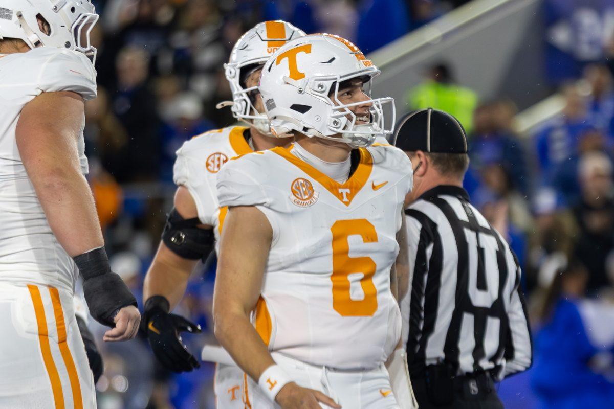 Joey Aguilar (6) smiles after a play during a game against Kentucky at Kroger Field. Saturday, Oct. 25, 2025.