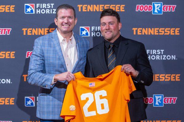 Tennessee athletic director Danny White introduces Josh Elander as the new head coach of Tennessee baseball. Monday, Oct. 27, 2025.