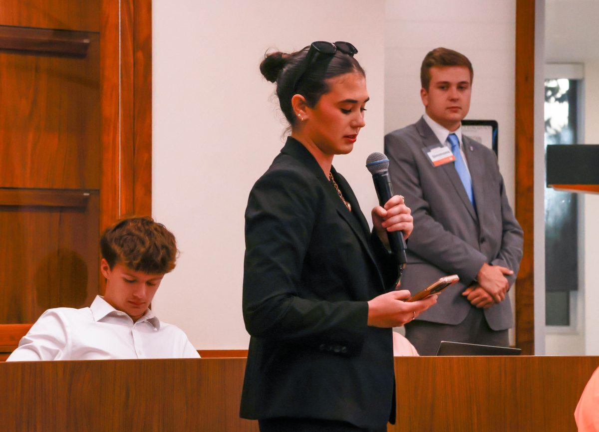 Former Senator, Madeline Bell, addresses SGA during the council meeting on Tuesday, Oct. 14, 2025.