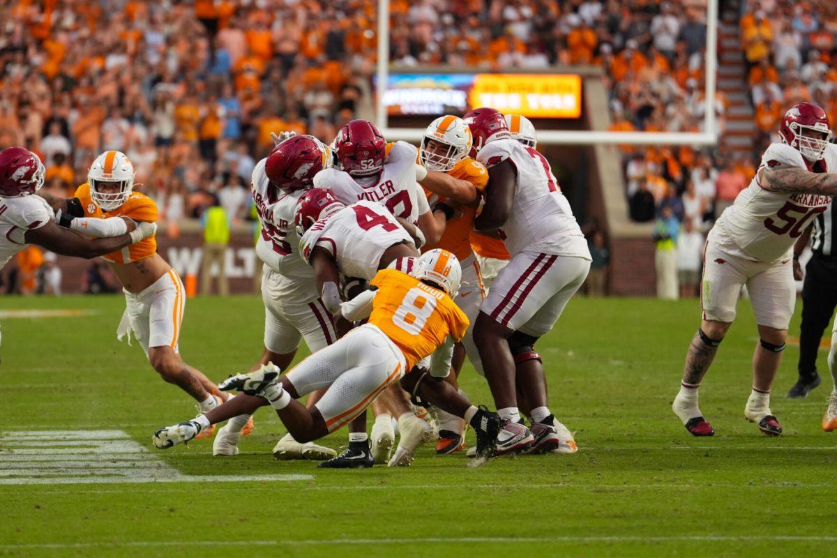 Colton Hood (8) sacks the quarterback during a game against Arkansas at Neyland Stadium, Saturday, Oct.11, 2025
 