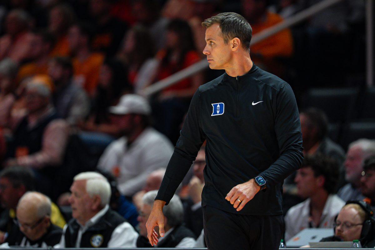 Duke head coach Jon Scheyer faces Tennessee for an exhibition game against Duke at Food City Center, Sunday Oct. 26, 2025.