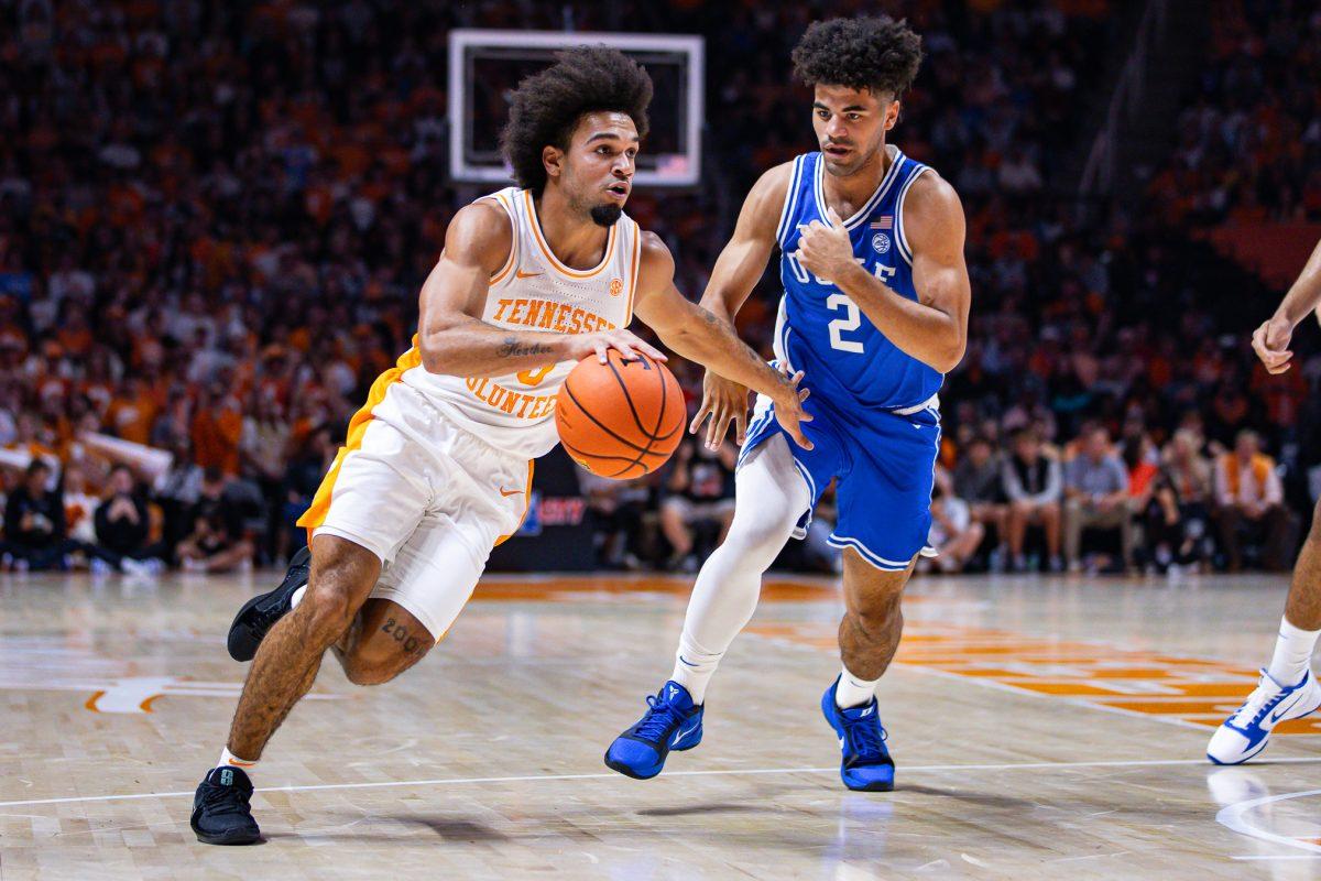 Ja’Kobi Gillespie (0) races past a Duke defender during an exhibition game at Food City Center, Sunday Oct. 26, 2025.
