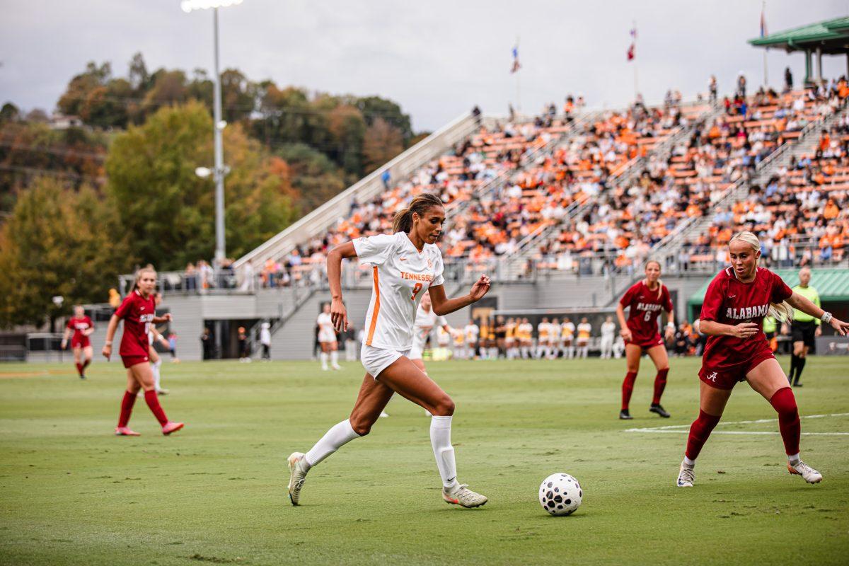 Anaiyah Robinson (9) paces down the sideline during a match against Alabama at Regal Soccer Stadium. Sunday, Oct. 26, 2025.