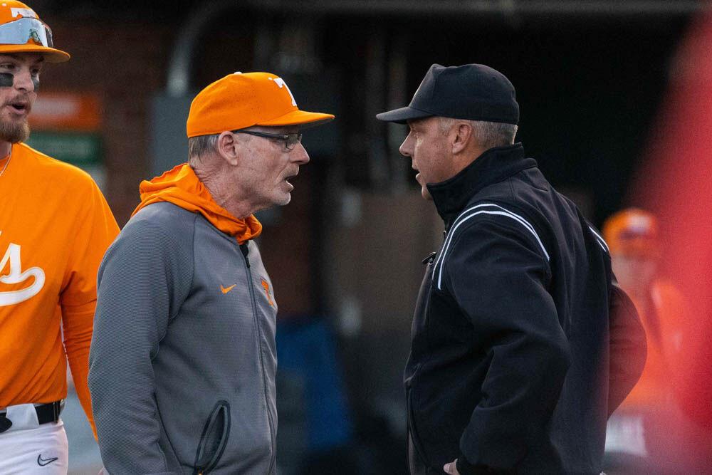 Frank Anderson argues with umpire after being ejected at the mound during game Saturday, March 23, 2024.