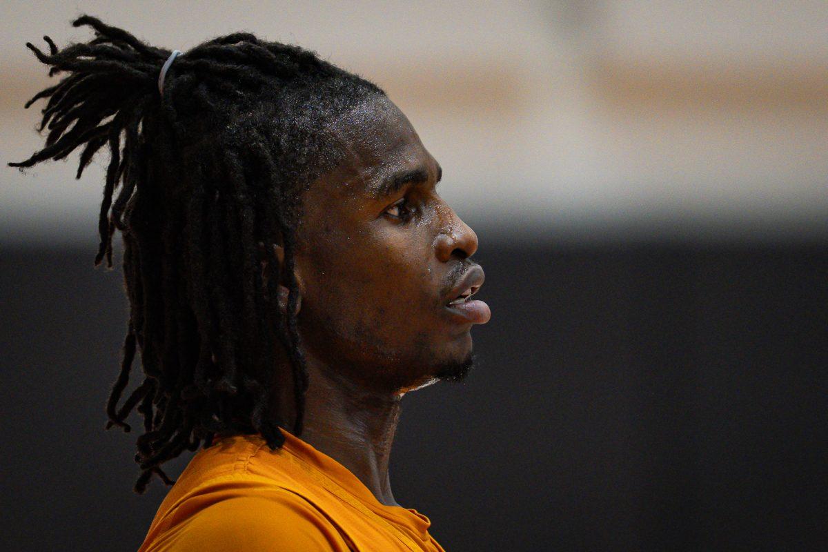 Felix Okpara (34) during practice at Pratt Pavillion, Thursday, Oct. 9, 2025.