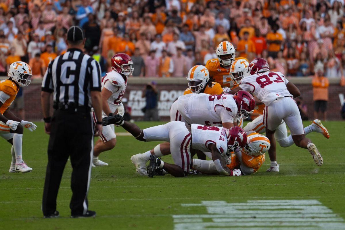 Tennessee sacks the quarterback during a game against Arkansas at Neyland Stadium, Saturday, Oct.11, 2025