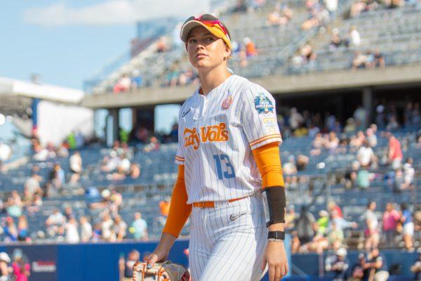 Emma Clarke (13) takes the field prior to an NCAA Women's College World Series game against Florida at Devon Park. Friday, May 30, 2025.