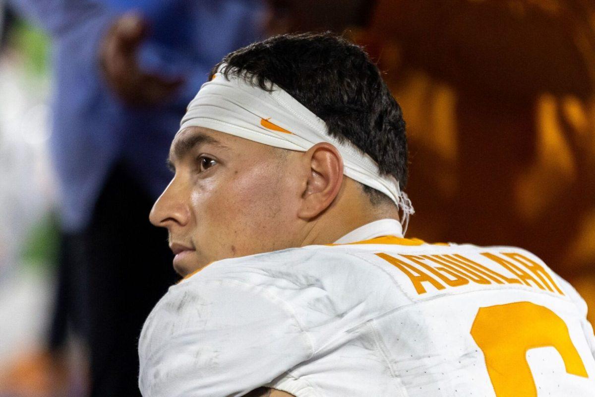 Joey Aguilar (6) catches his breath during a game against Kentucky at Kroger Field. Saturday, Oct. 25, 2025.