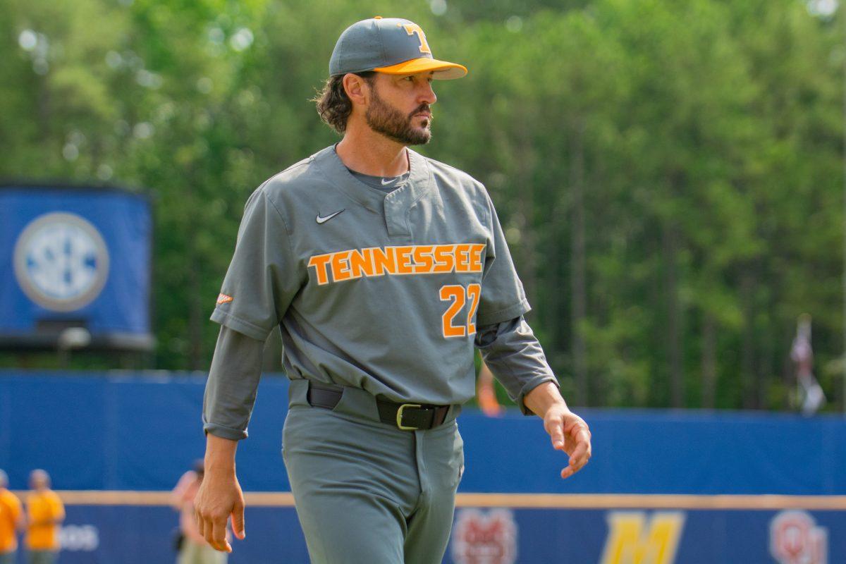 Tennessee baseball head coach Tony Vitello (22) walks to the dugout prior to an SEC Tournament game against Vanderbilt at Hoover Metropolitan Stadium. Saturday, May 24, 2025.