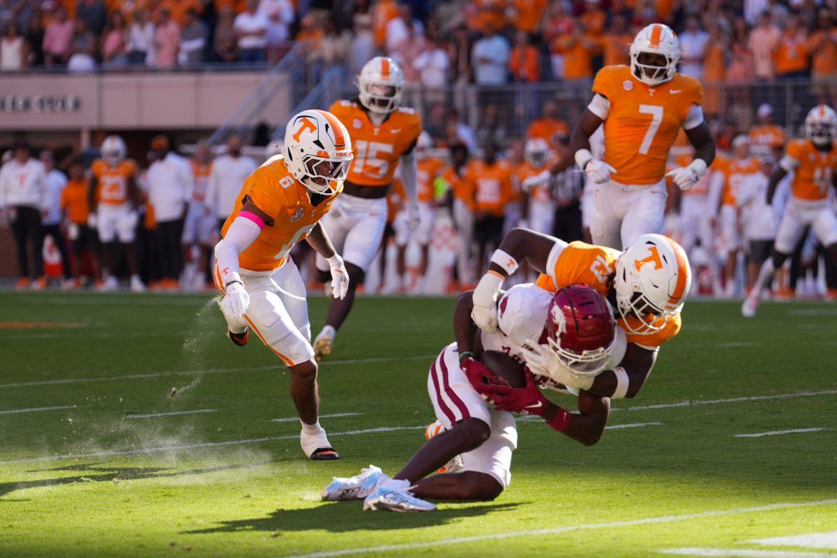 Edwin Spillman (13) makes a tackle during a game against Arkansas at Neyland Stadium, Saturday, Oct.11, 2025 