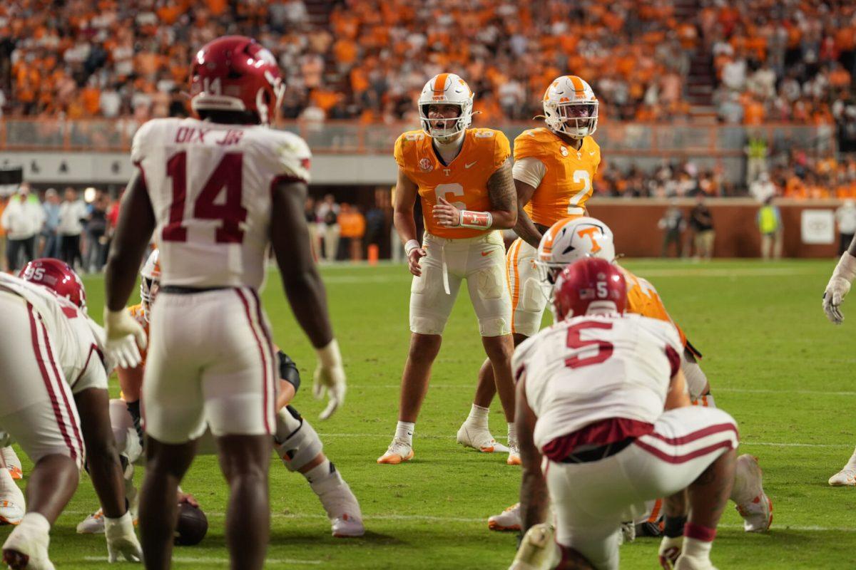 Joey Aguilar (6) lines up during a game against Arkansas at Neyland Stadium, Saturday, Oct.11, 2025
 