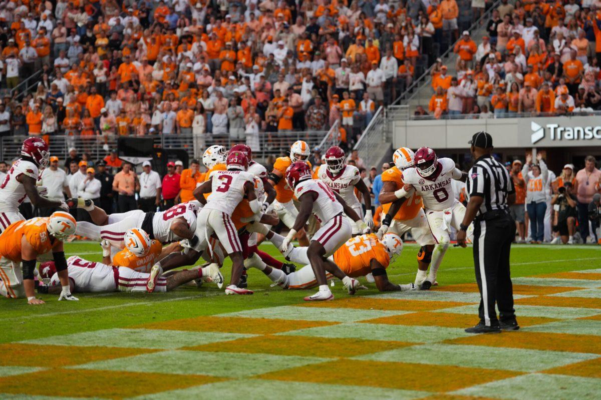 Peyton Lewis (2) scores a touchdown during a game against Arkansas at Neyland Stadium, Saturday, Oct.11, 2025
 