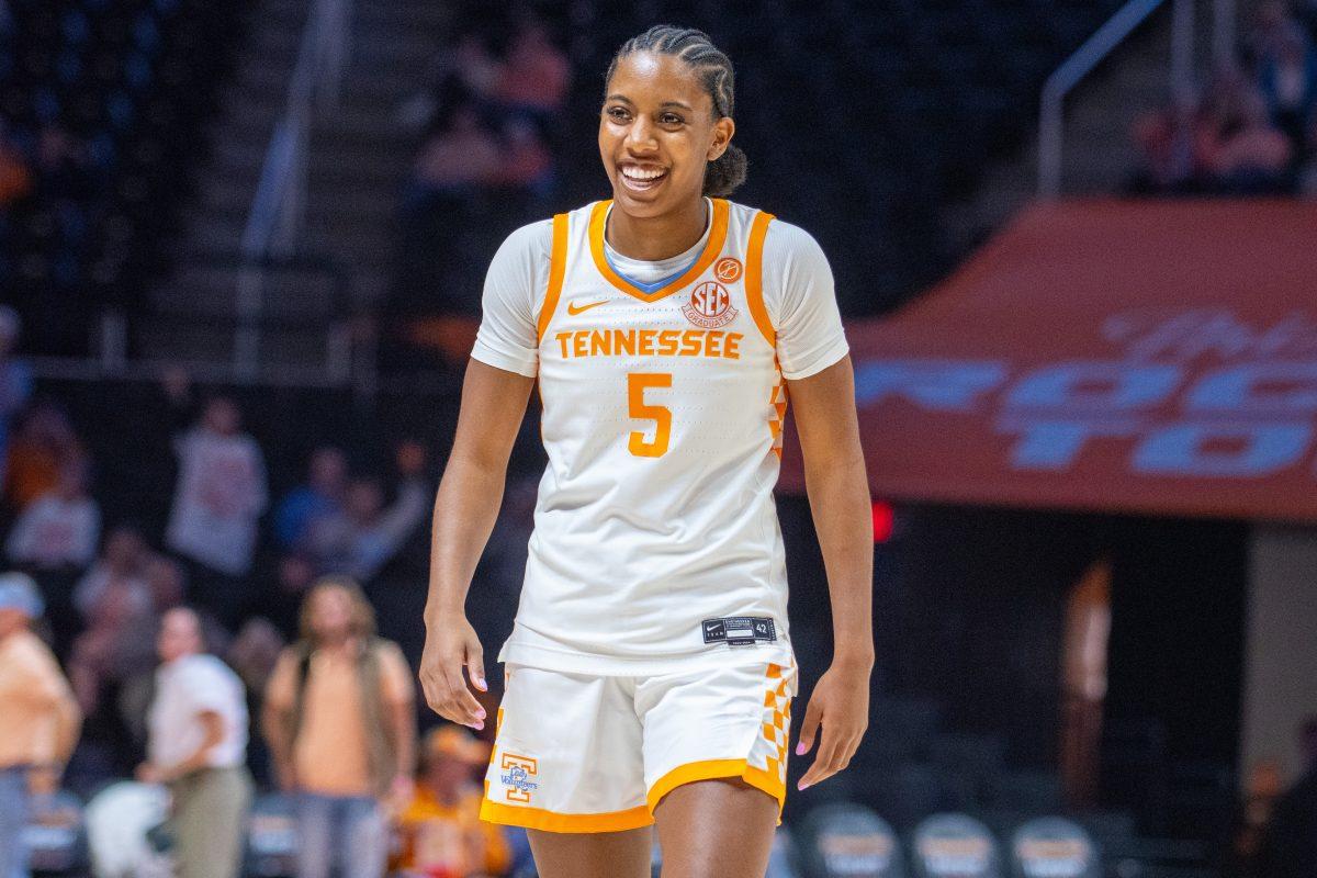 Kaiya Wynn (5) celebrates a Lady Vols victory over Columbus State at Food City Center. Wednesday, Oct. 29, 2025.