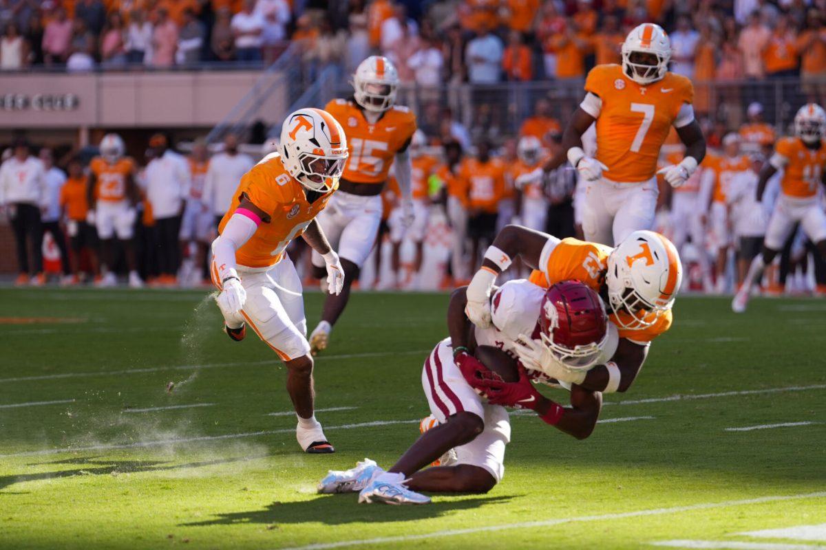 Edwin Spillman (13) makes a tackle during a game against Arkansas at Neyland Stadium, Saturday, Oct.11, 2025
 