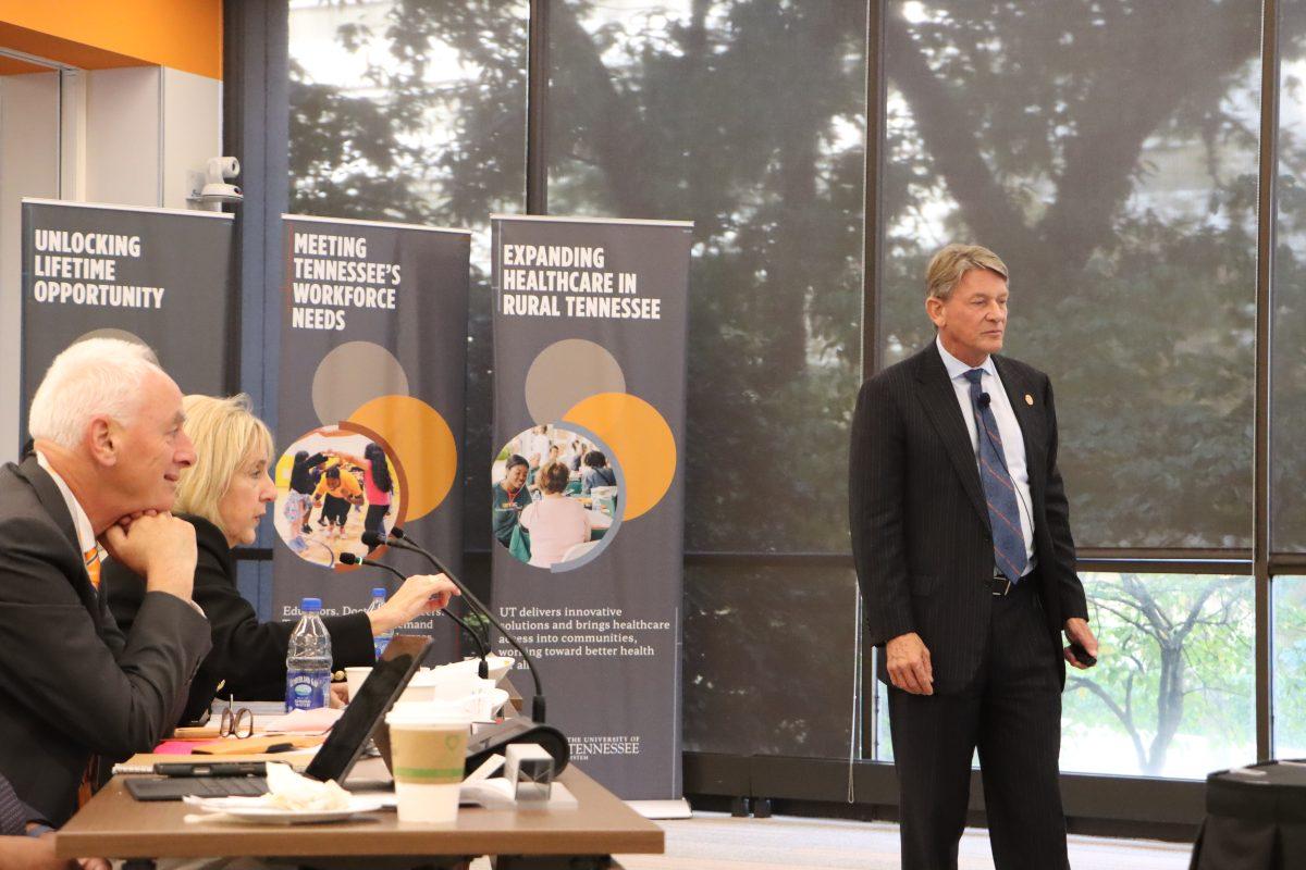 President Randy Boyd and the chancellors of the UT system at the Board of Trustees meeting on Friday, Oct. 24.