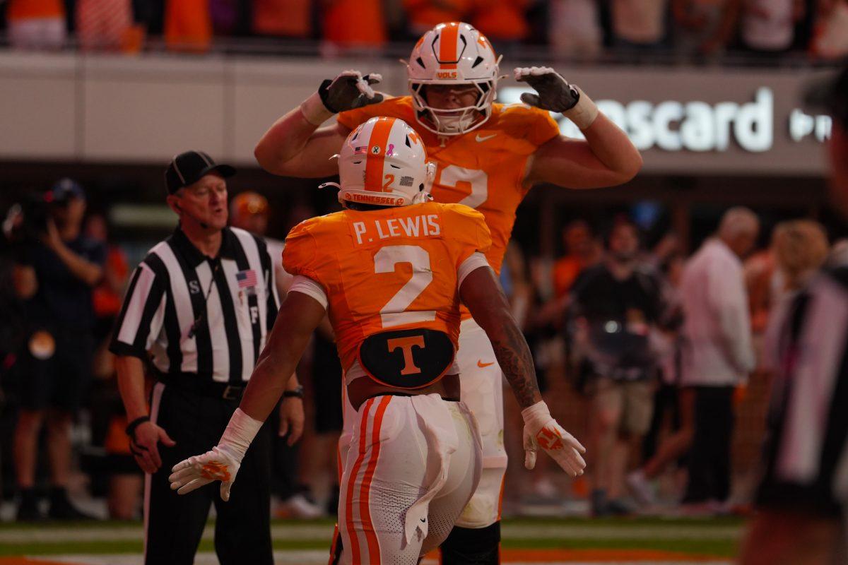  Peyton Lewis (2) scores a touchdown during a game against Arkansas at Neyland Stadium, Saturday, Oct.11, 2025  