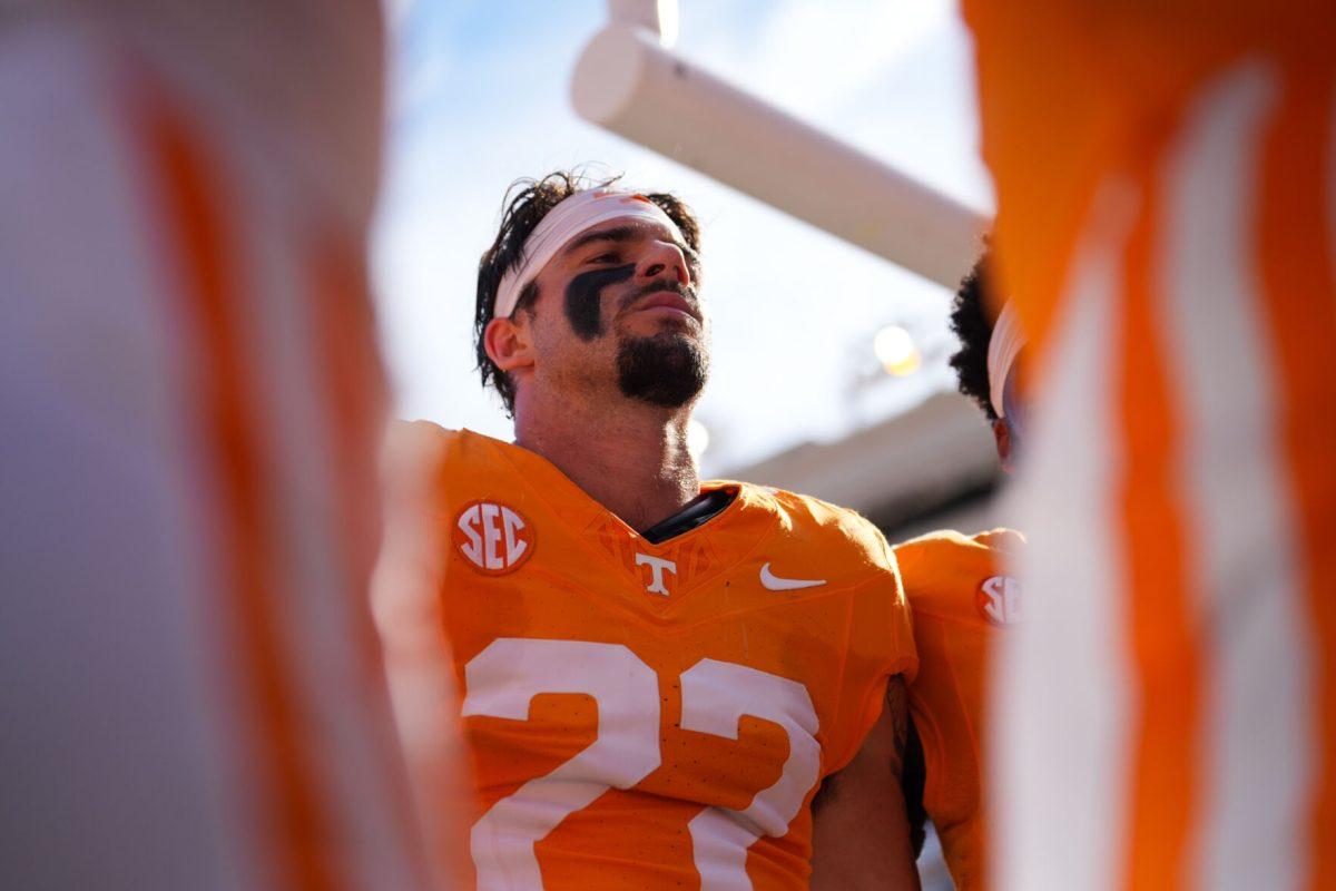 Jeremiah Telander (22) prays before the game vs Arkansas, Saturday, Oct.11, 2025
 