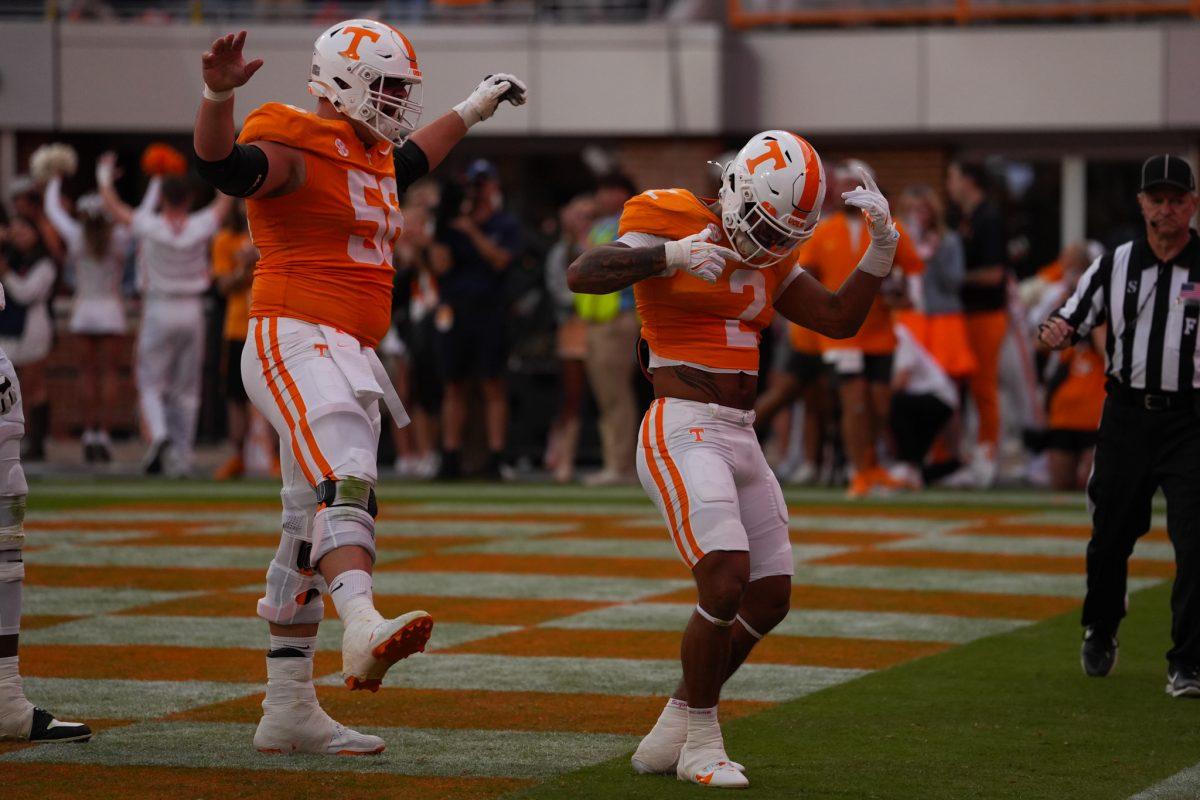 Peyton Lewis (2) scores a touchdown during a game against Arkansas at Neyland Stadium, Saturday, Oct.11, 2025
