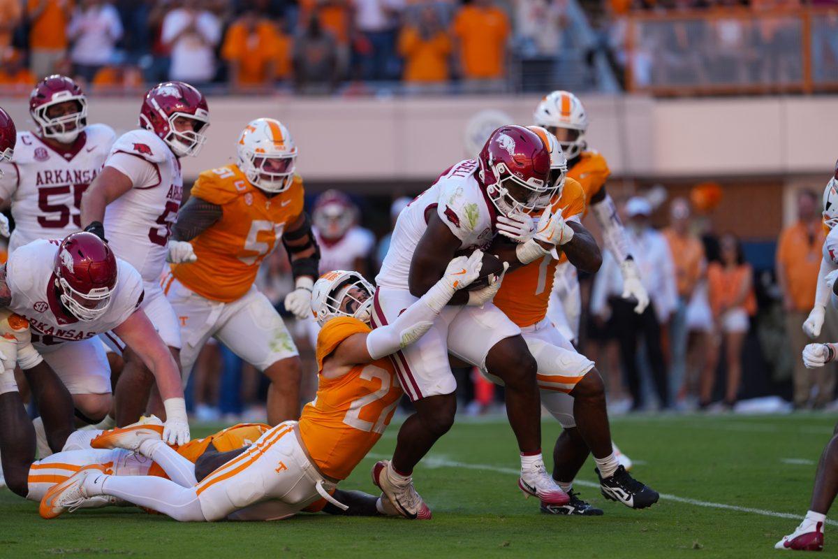 Jeremiah Telander (22) makes a tackle during a game against Arkansas at Neyland Stadium, Saturday, Oct.11, 2025 