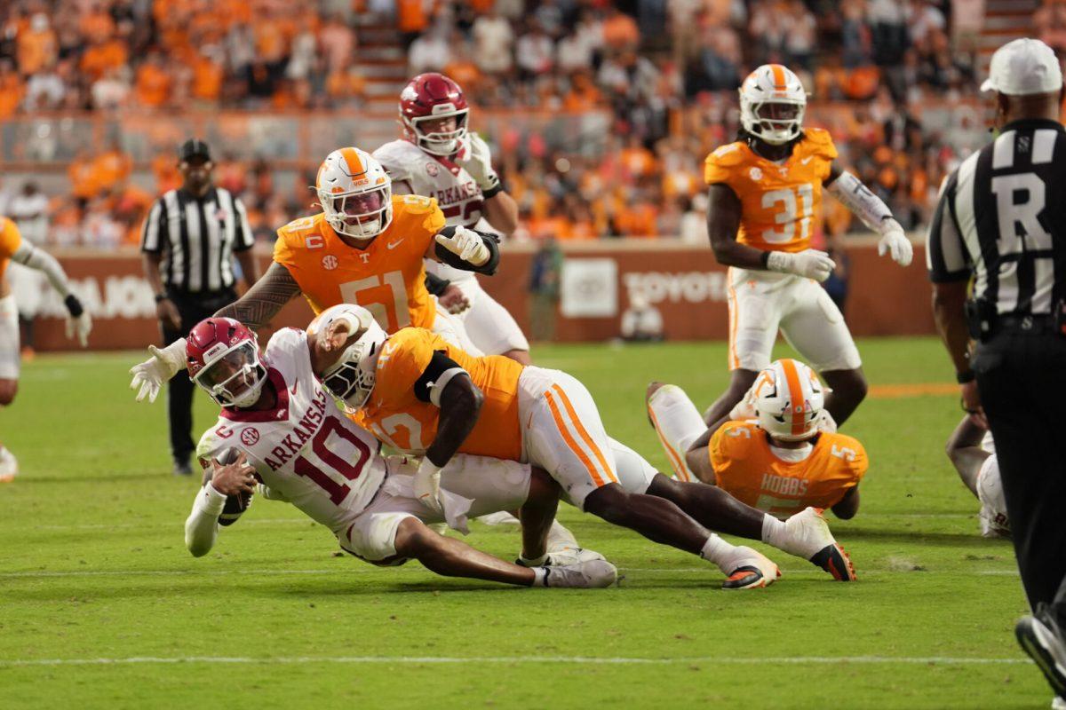 Tyre West (42) sacks the quarterback during a game against Arkansas at Neyland Stadium, Saturday, Oct.11, 2025