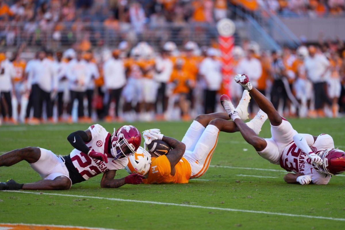 Braylon Staley (14) catches the ball during a game against Arkansas at Neyland Stadium, Saturday, Oct.11, 2025
 