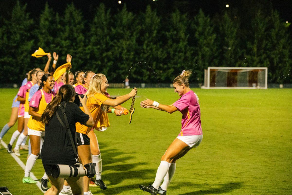 Tennessee soccer celebrates a win over Georgia at Regal Stadium. Thursday, Oct. 2, 2025.