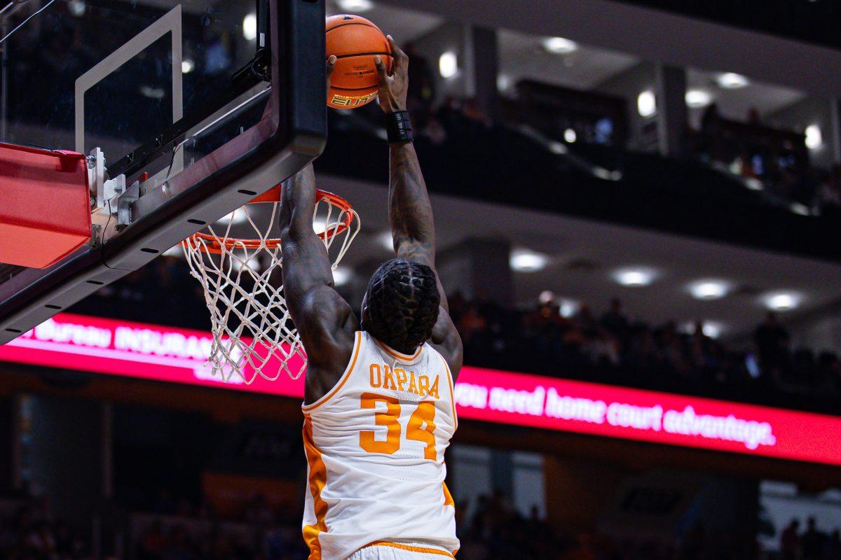 Felix Okpara (34) rises to the rim during an exhibition game against Duke at Food City Center, Sunday Oct. 26, 2025.