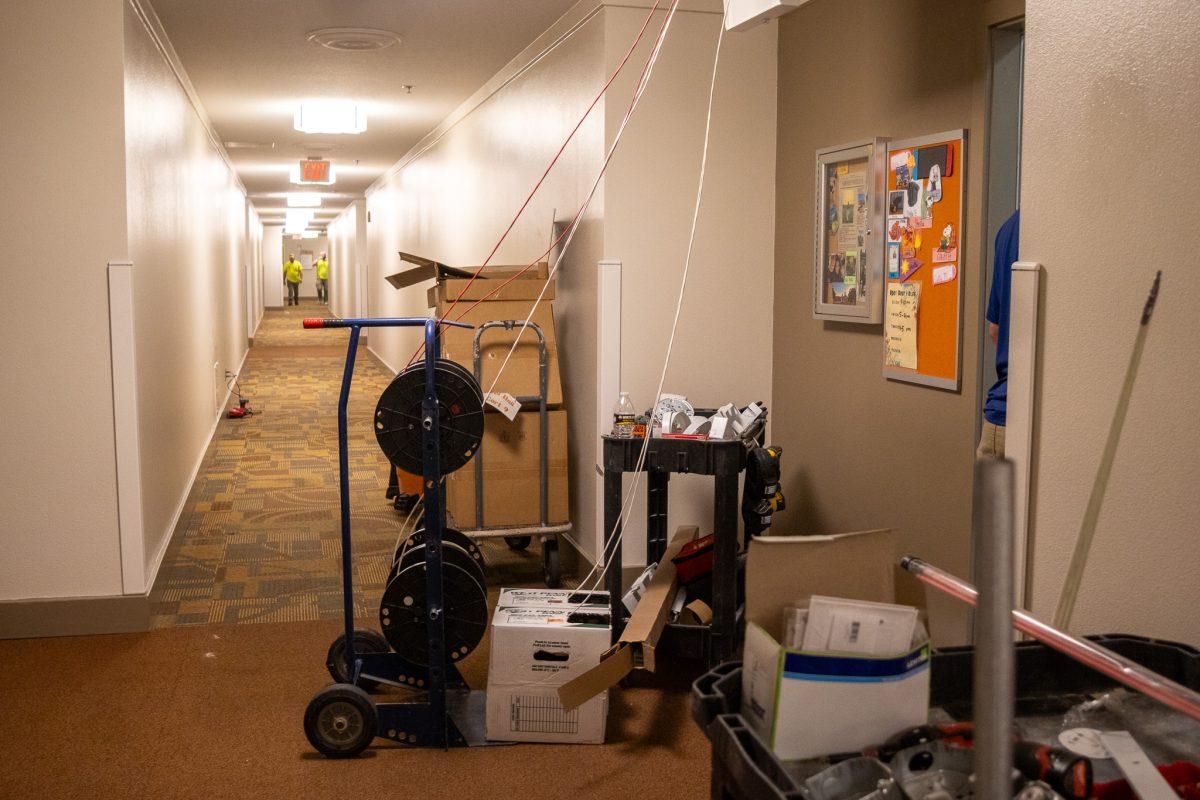 Maintinence crews work on fire alarm systems in Volunteer Hall. Wednesday, Oct. 29, 2025.
